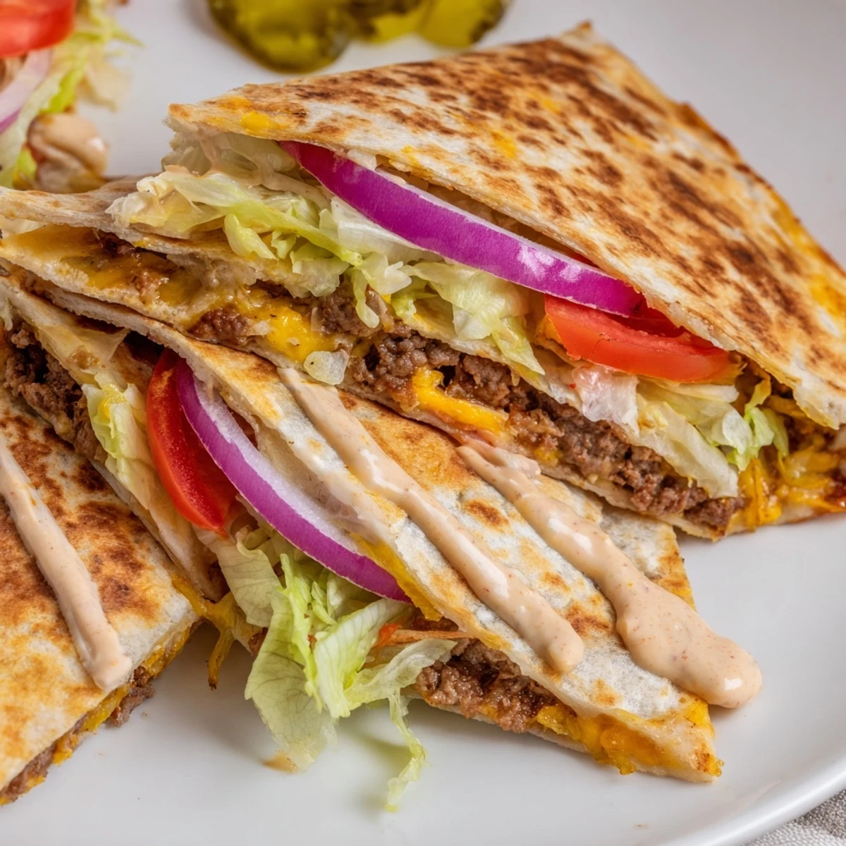 Half-moon tortilla packed with smashed burger patties, shredded lettuce, tomato, and tangy pickles