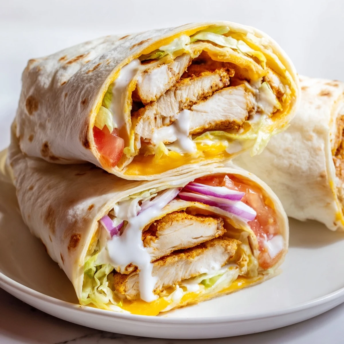 Warm flour tortilla wrapped around seasoned chicken strips, melted cheddar and mozzarella cheese, fresh lettuce, tomato, and zesty garlic sauce