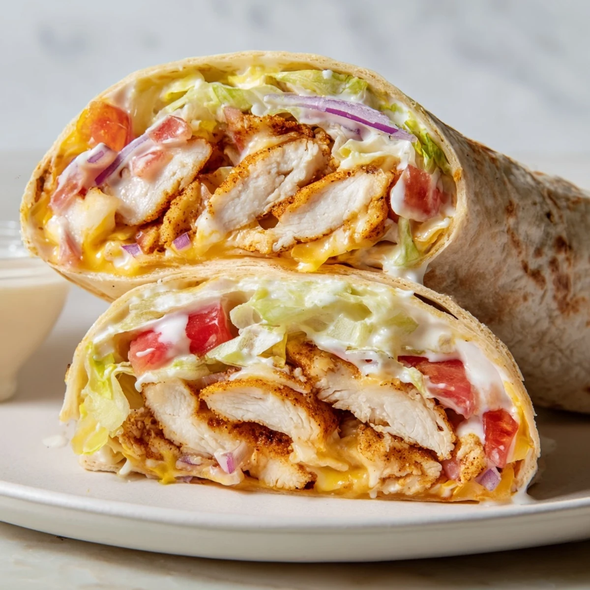 Golden chicken breast strips spiced with garlic powder and paprika, nestled in a soft tortilla with melted cheese and crisp vegetables