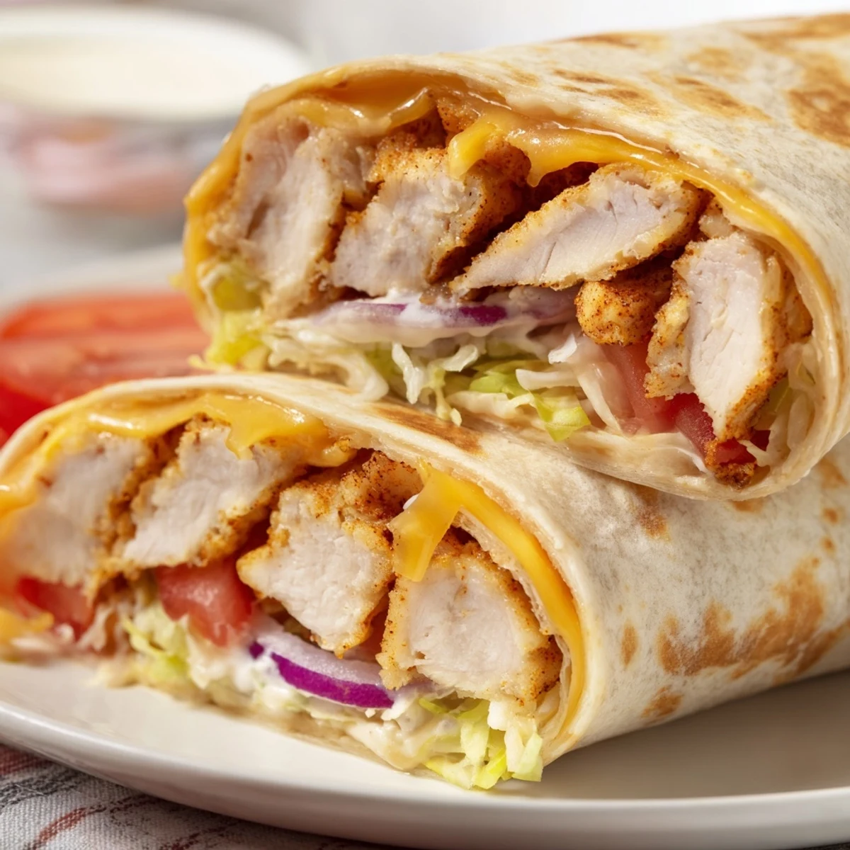 Hand-held cheesy garlic chicken wrap sliced in half, revealing layers of seasoned chicken, shredded cheese, crunchy lettuce, and creamy garlic dressing