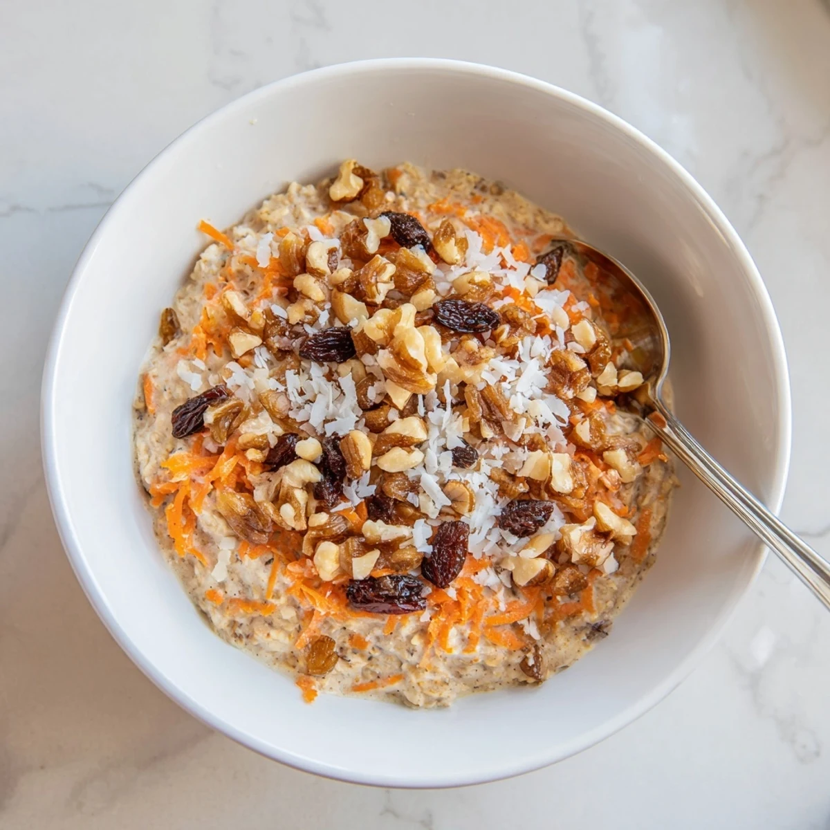 Wholesome breakfast bowl of spiced carrot cake overnight oats with grated carrot and crunchy pecan garnish
