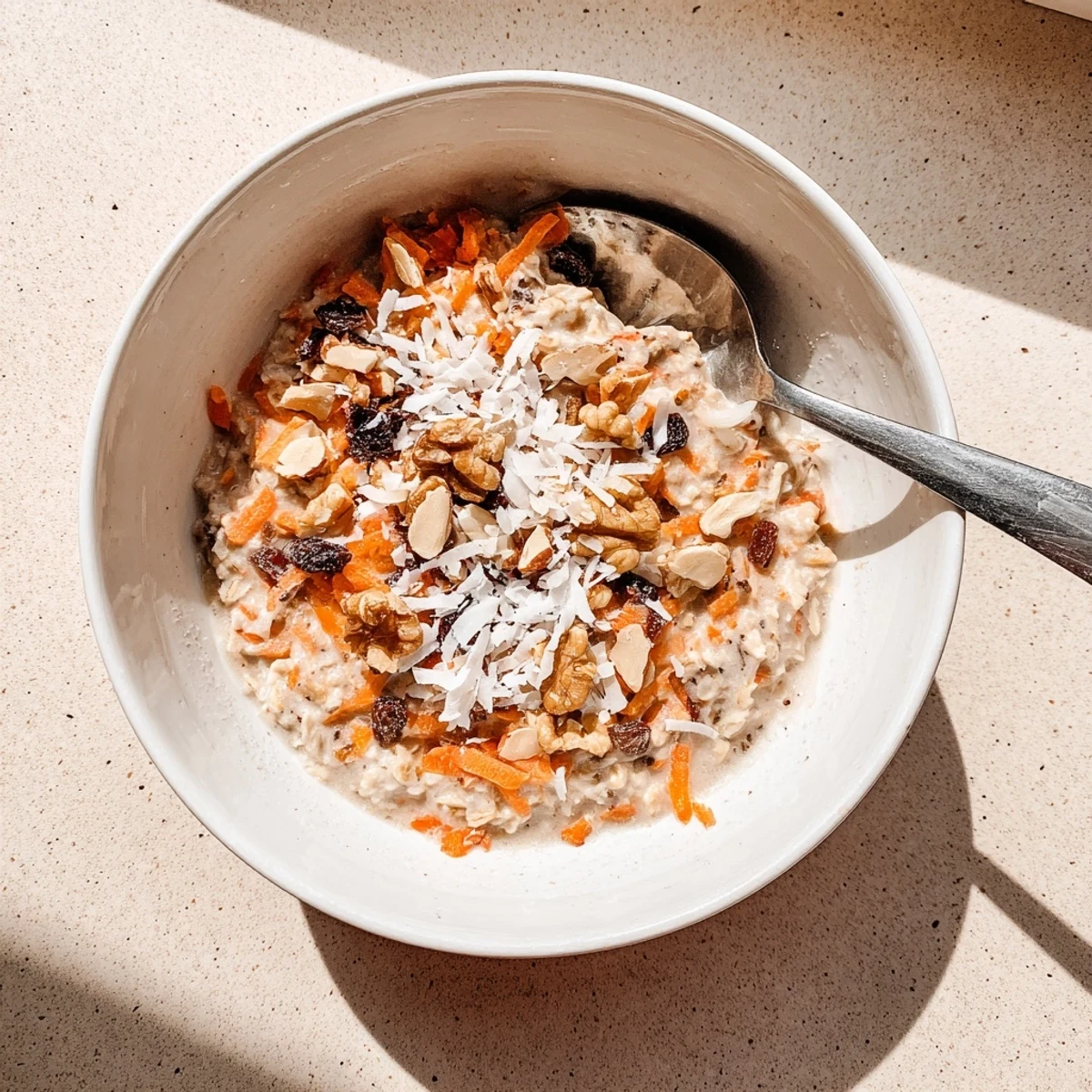 Creamy carrot cake overnight oats topped with chopped walnuts, raisins, and shredded coconut in a glass jar
