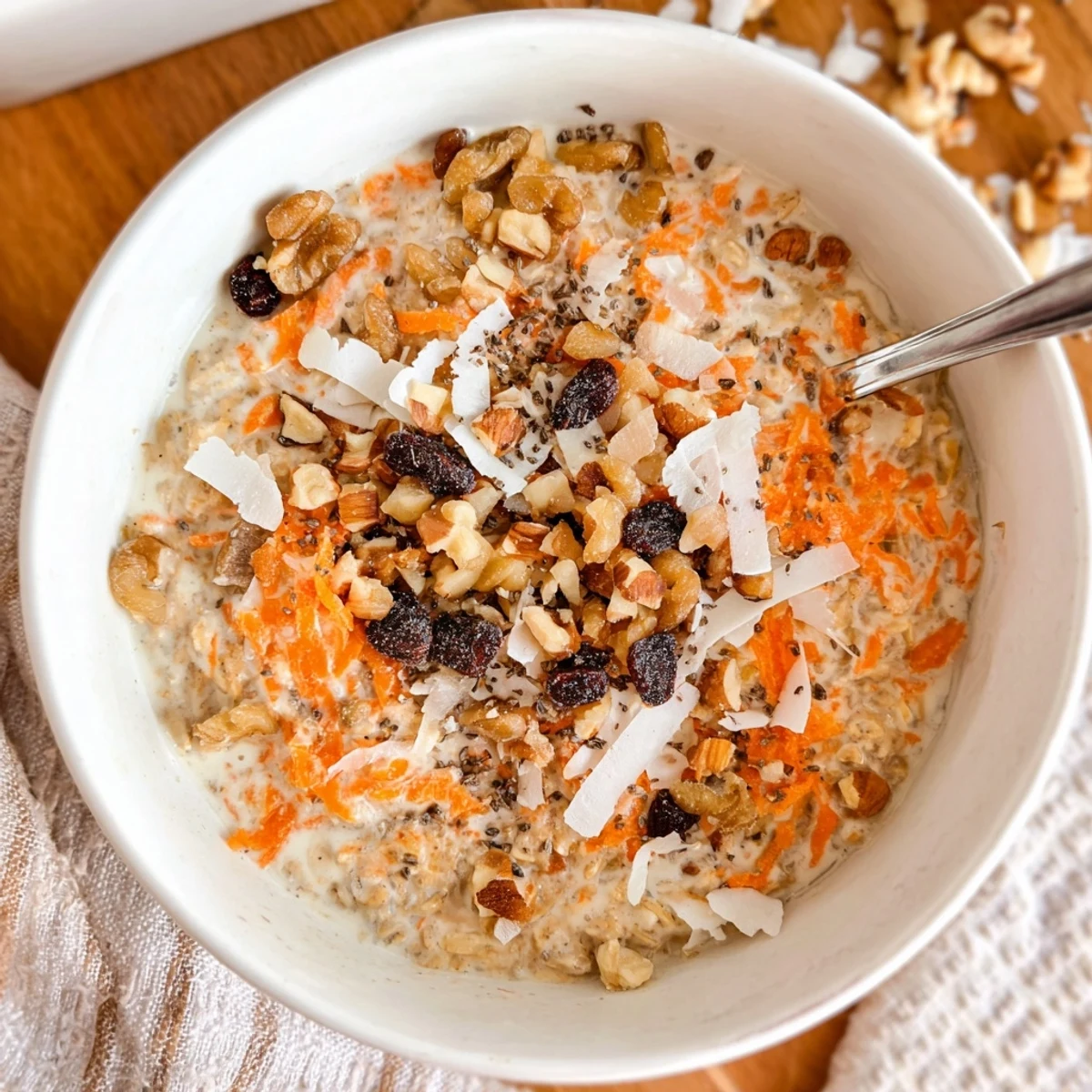 Thick and creamy carrot cake overnight oats layered with Greek yogurt and warm cinnamon spice