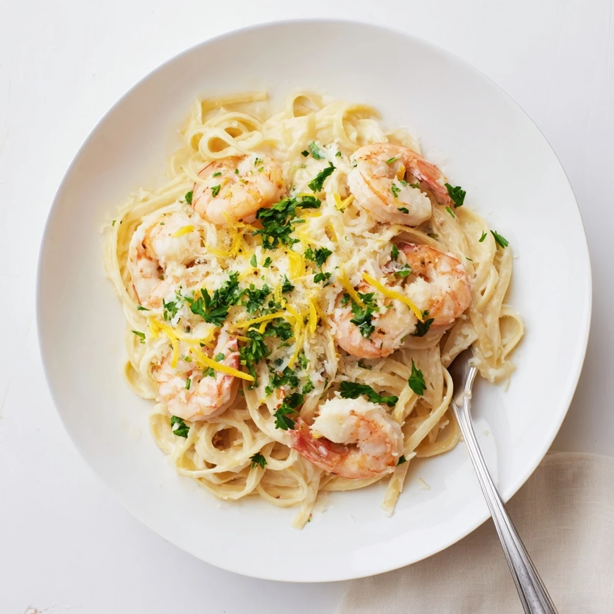 Creamy shrimp scampi pasta with garlic sauce and fresh parsley garnish on white plate