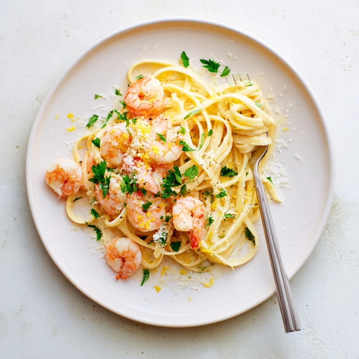 Steaming bowl of shrimp scampi garlic cream pasta with parmesan and fresh herbs