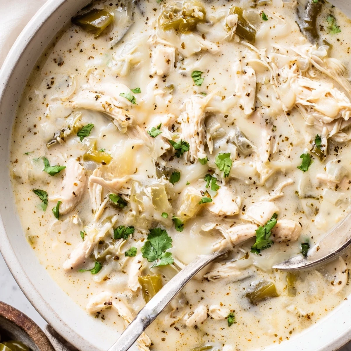 Creamy keto white chicken chili topped with fresh cilantro and sliced jalapeños in a white bowl