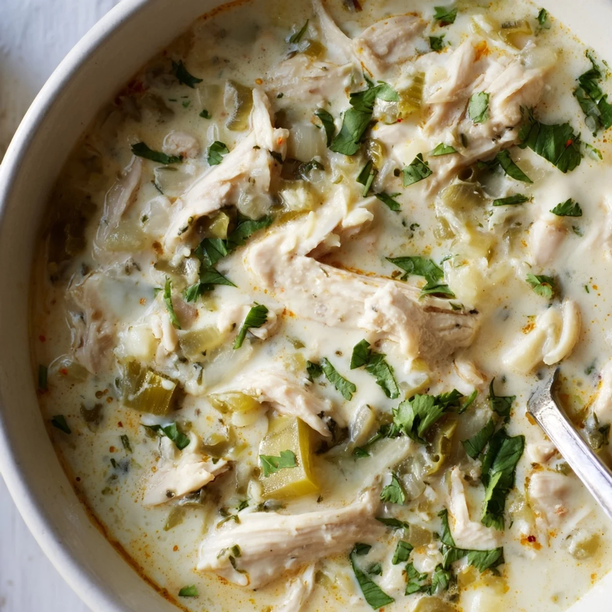Steaming low-carb white chicken chili garnished with melted Monterey Jack and lime wedges on wooden table