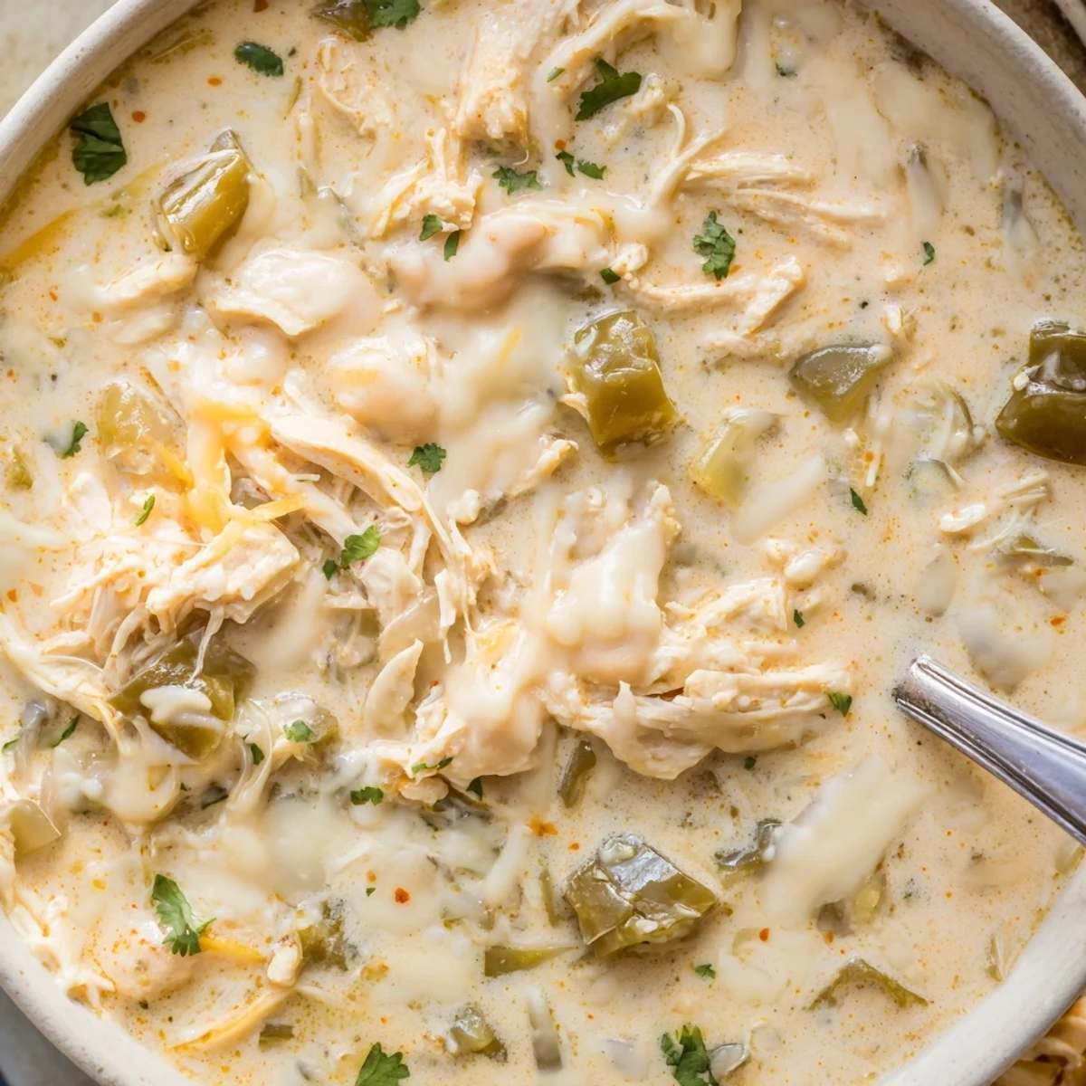 Hearty simple keto white chicken chili with shredded chicken and green chiles in rustic serving dish