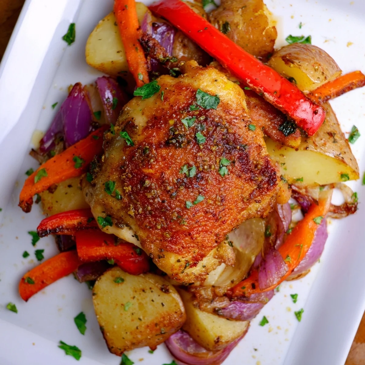 Golden crispy chicken thighs roasted with colorful vegetables on a single baking sheet