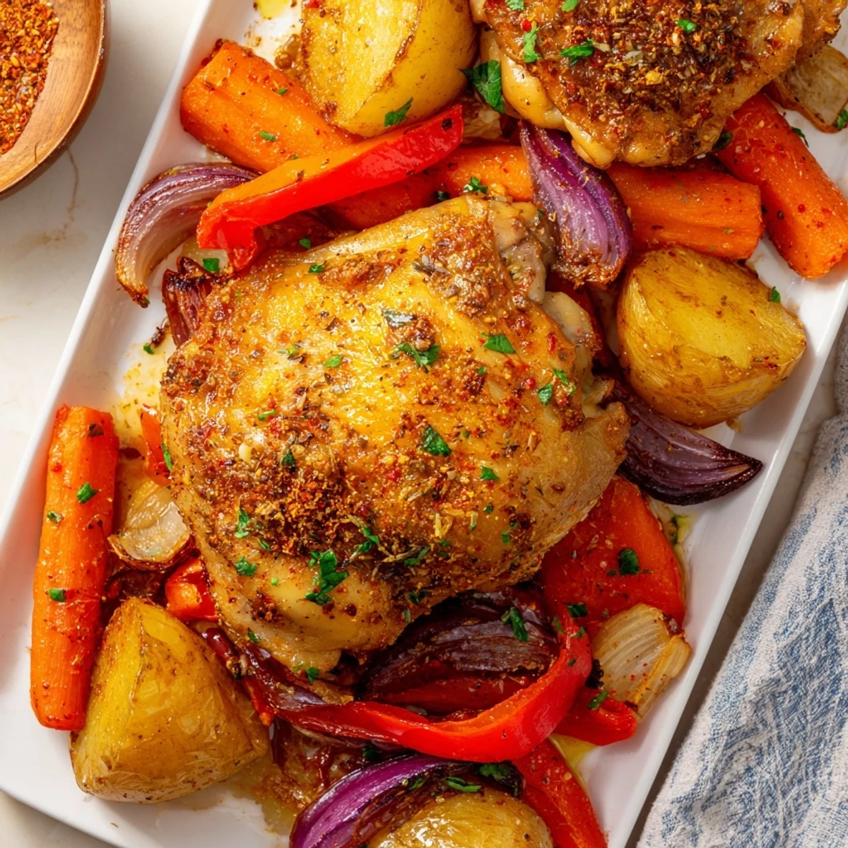 Tender one pan chicken bake with potatoes, carrots, and bell peppers fresh from the oven