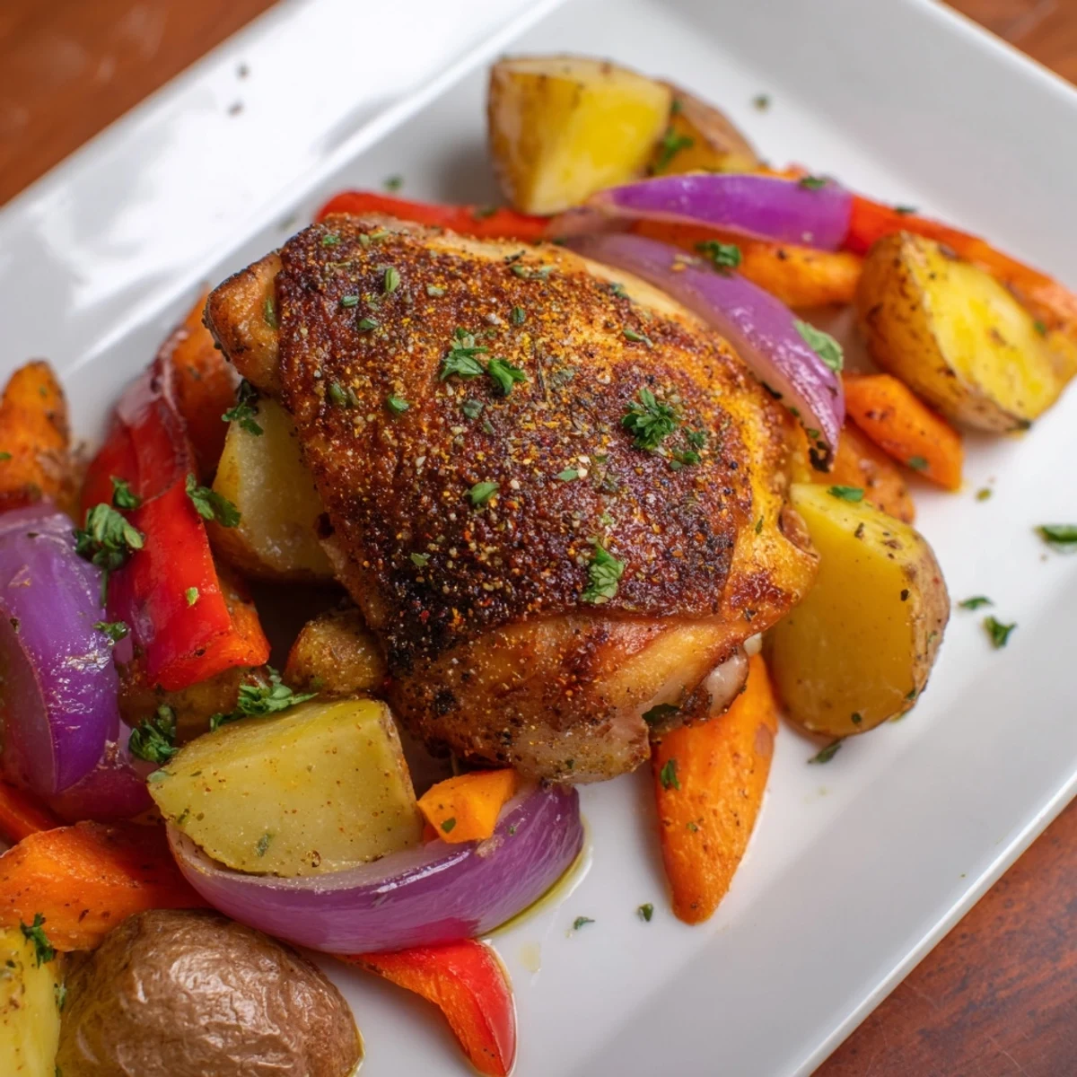 Savory chicken and vegetables baked together in one pan with herbs and olive oil