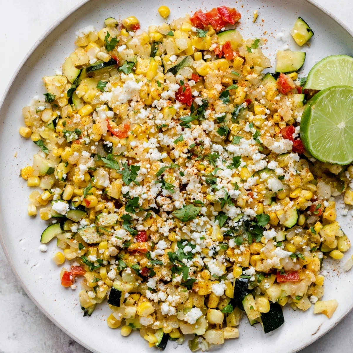 Colorful Calabacitas Mexican zucchini skillet with melted cheese, corn, and fresh cilantro garnish