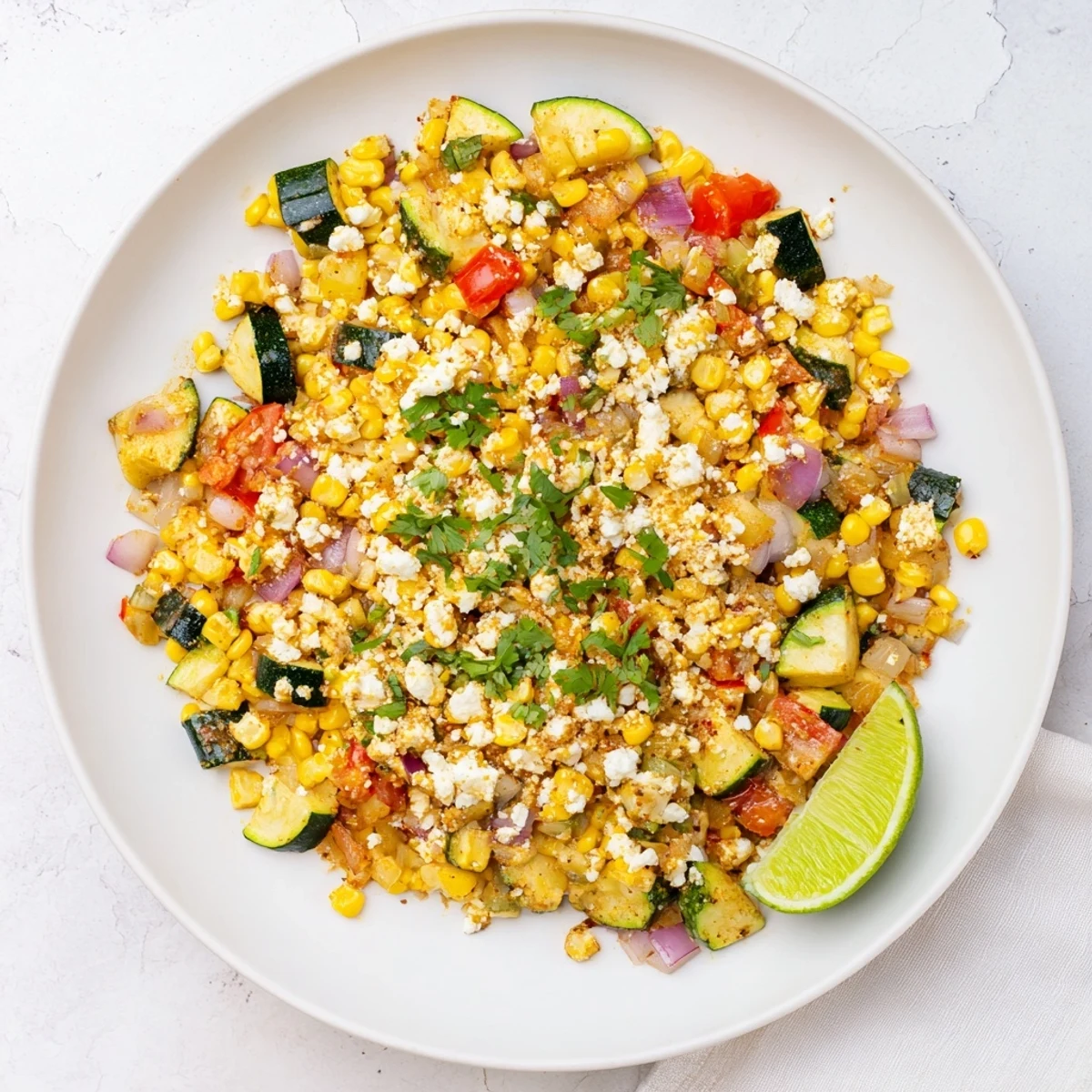 Savory Calabacitas recipe featuring tender zucchini, sweet corn, and peppers in a bubbling skillet