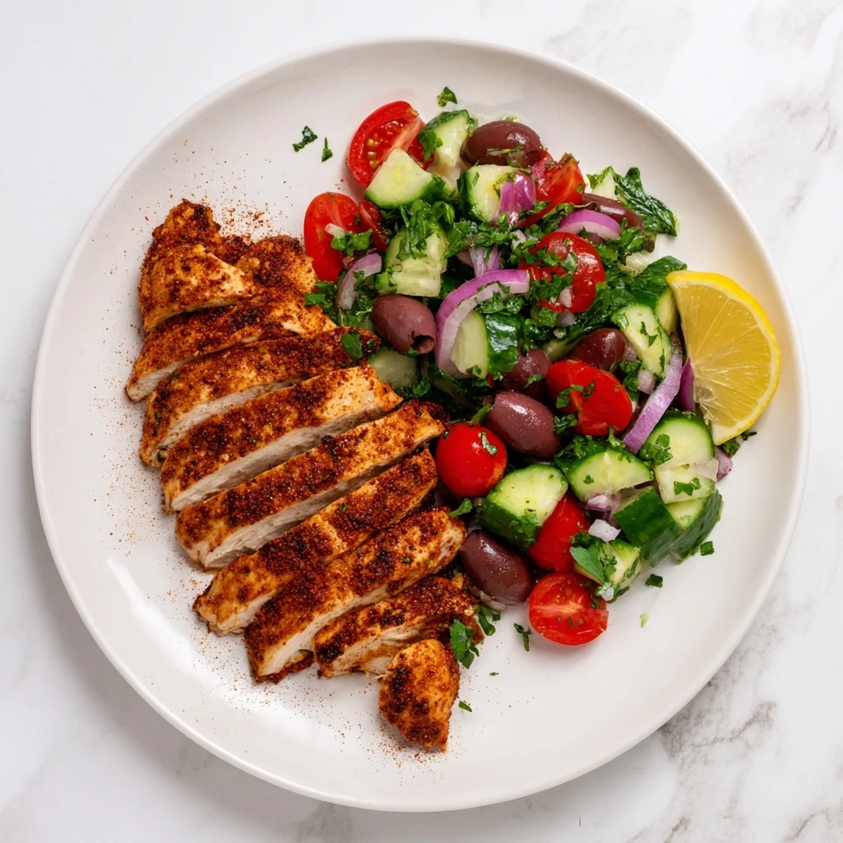 Golden grilled Fiery Mediterranean chicken with smoky spices resting beside crisp cucumber salad dotted with cherry tomatoes and Kalamata olives