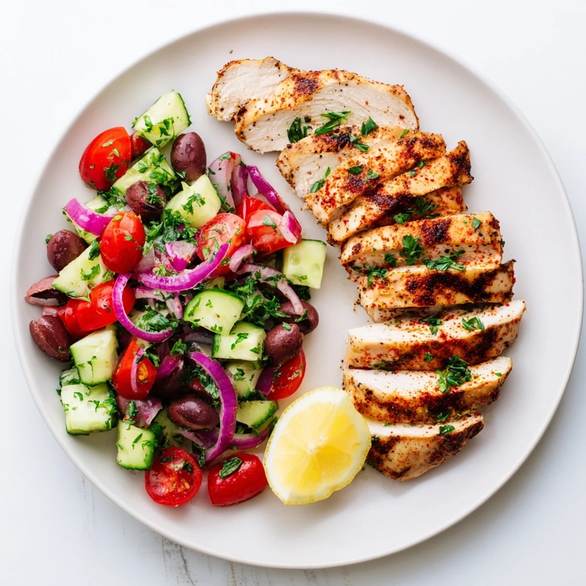 Sliced spiced Fiery Mediterranean chicken arranged over refreshing cucumber tomato salad with red onion and fresh parsley garnish