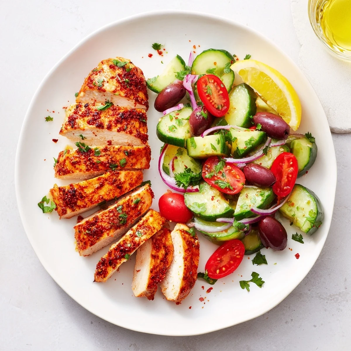 Perfectly seasoned Fiery Mediterranean chicken served with vibrant diced cucumber salad featuring olives and tangy red wine vinegar dressing