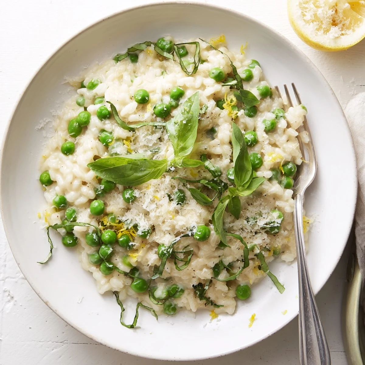 Bowl of vibrant pea risotto with bright green peas and nutty Parmesan cheese shavings