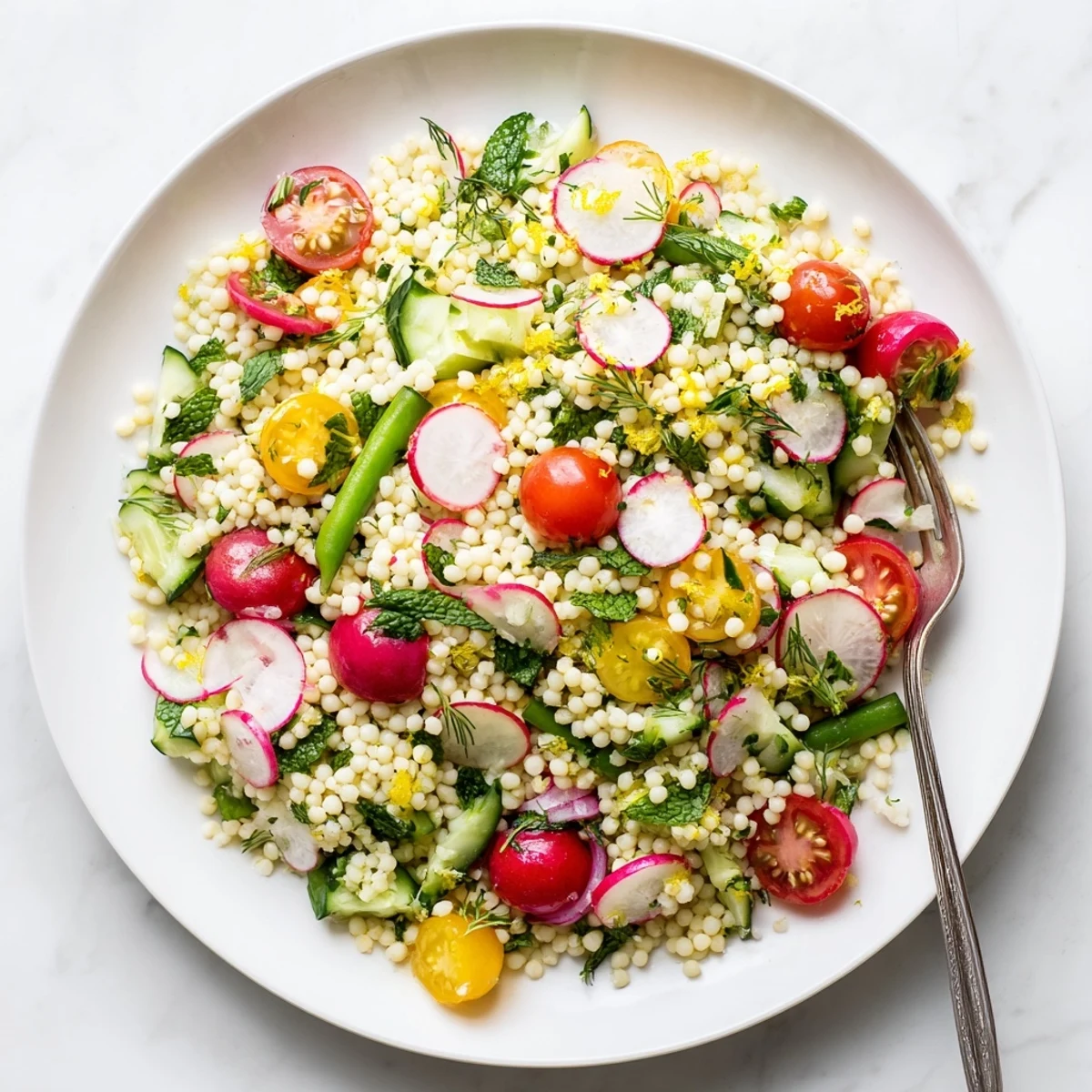 Colorful spring couscous salad bowl with cherry tomatoes, cucumber, and fresh herbs