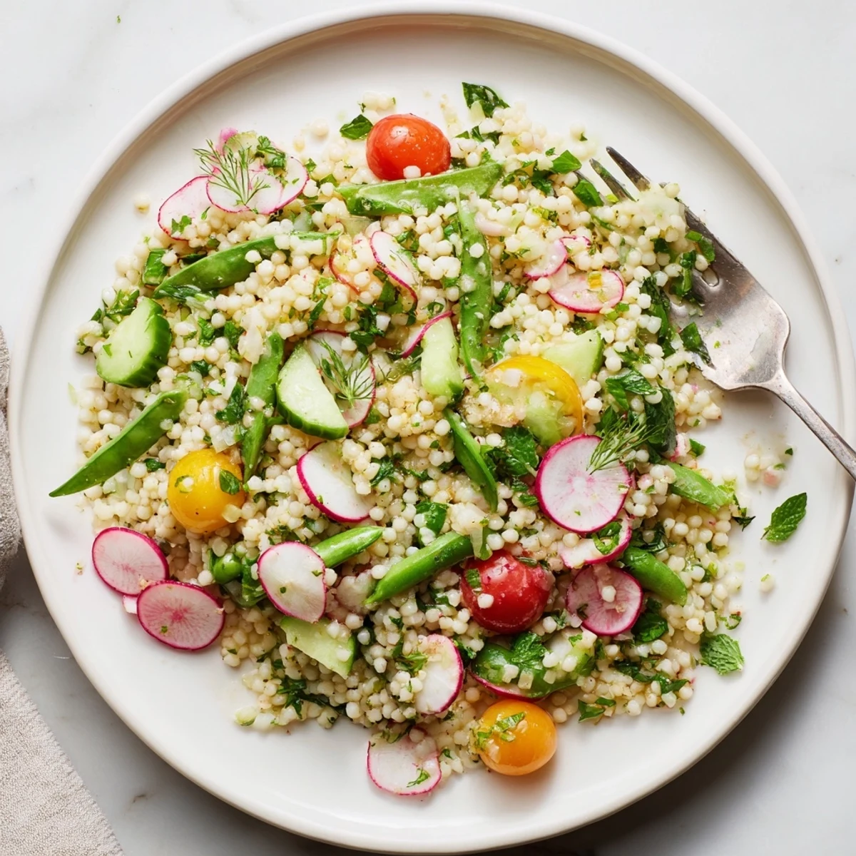 Fresh Mediterranean couscous salad featuring crisp snap peas and radishes in lemon dressing
