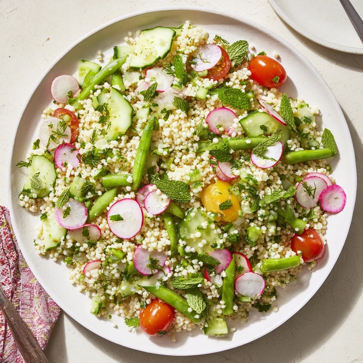Light spring couscous salad with mint, parsley, and zesty lemon-herb vinaigrette dressing