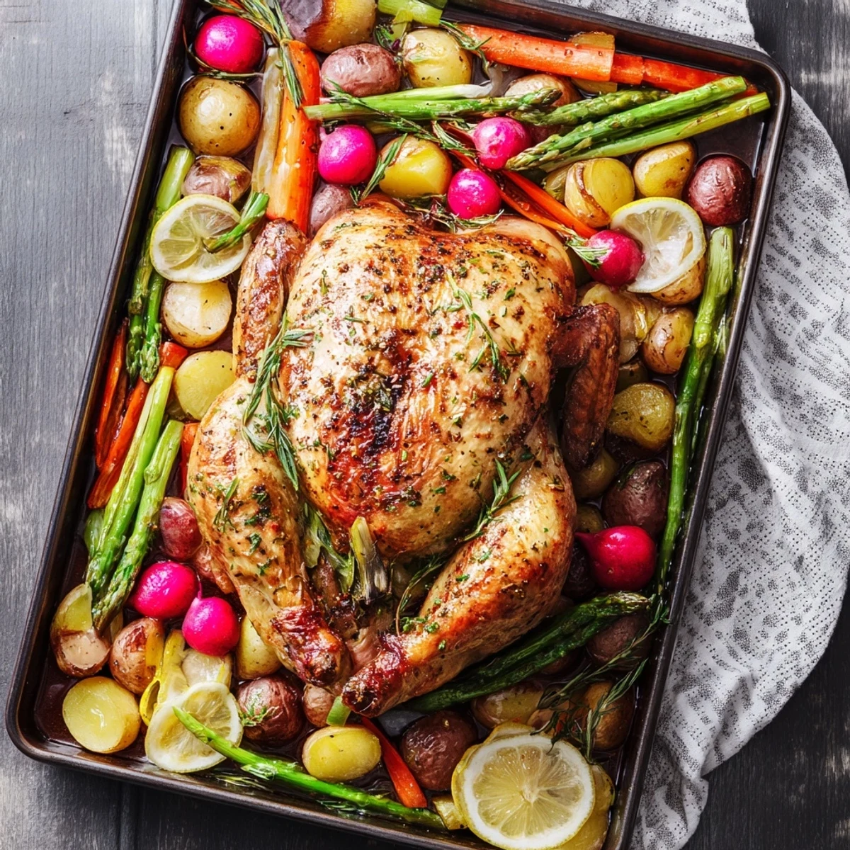 Golden herb roasted chicken with tender spring vegetables arranged on a rustic roasting pan