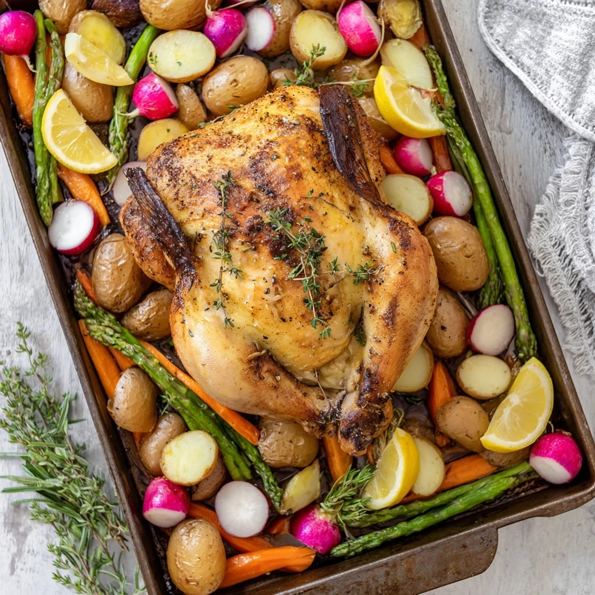 Whole roasted chicken seasoned with fresh herbs alongside colorful baby potatoes and carrots