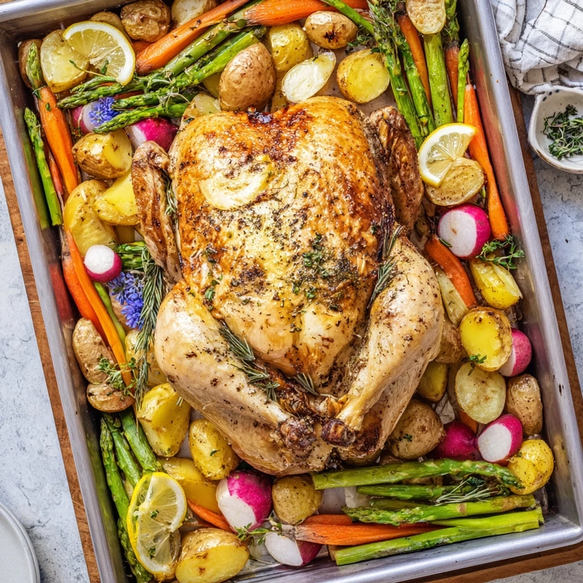 Glistening herb roasted chicken served with vibrant spring veggies on a white platter