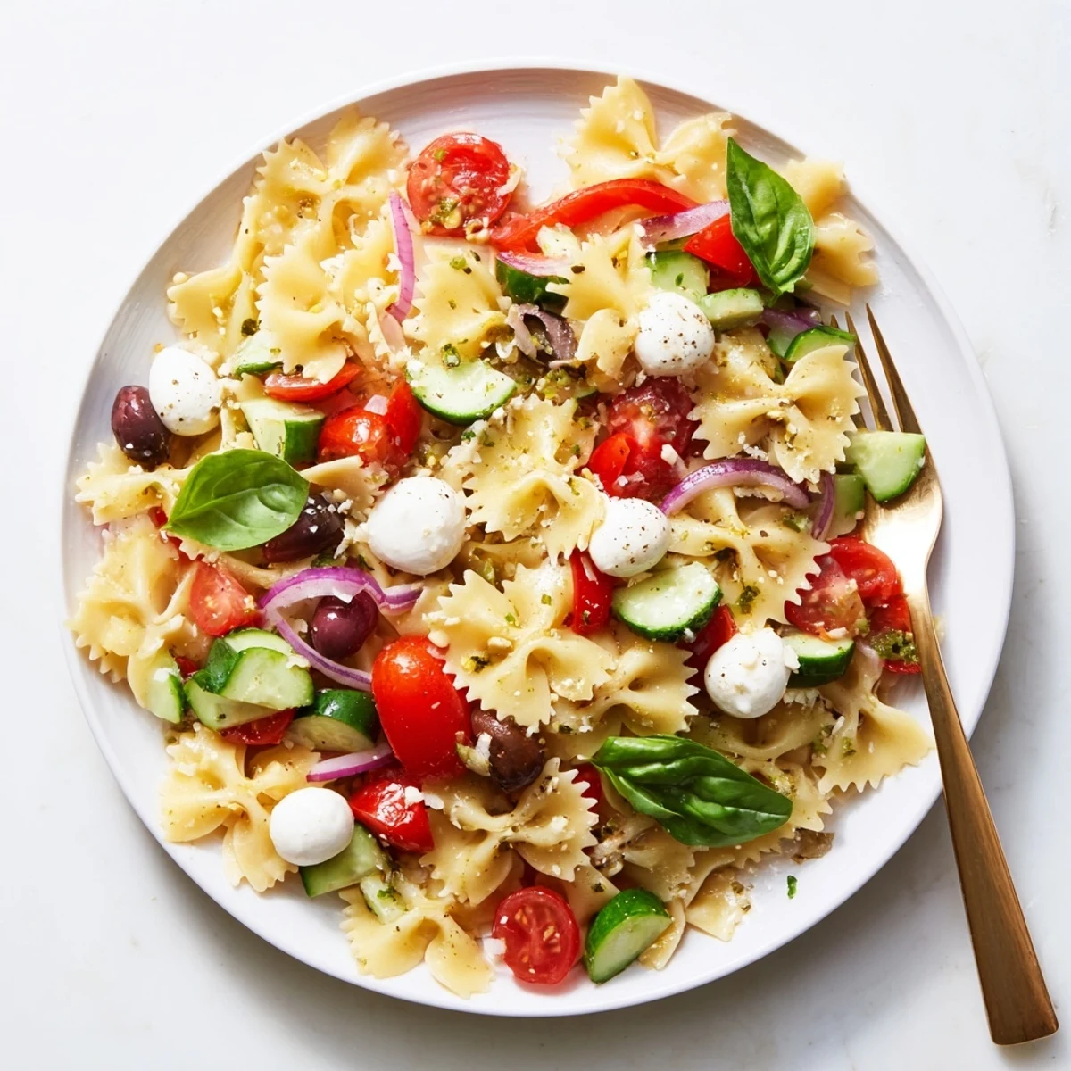 Colorful Italian bow tie pasta salad with cherry tomatoes, cucumber, and fresh basil leaves