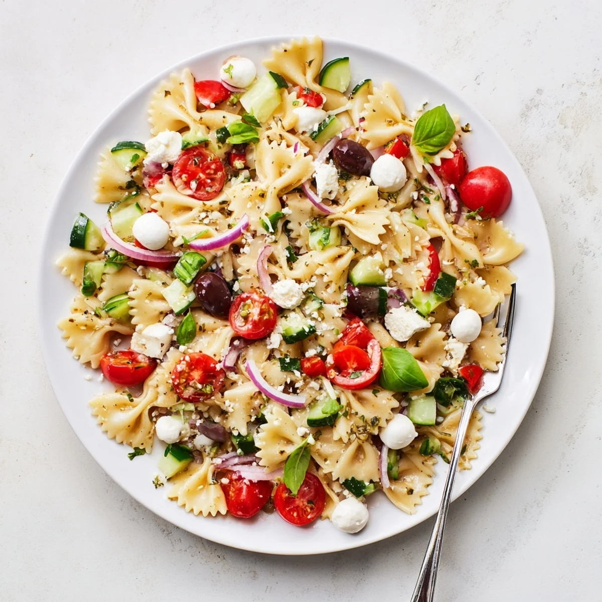 Refreshing Italian bow tie pasta salad featuring black olives and red bell pepper chunks