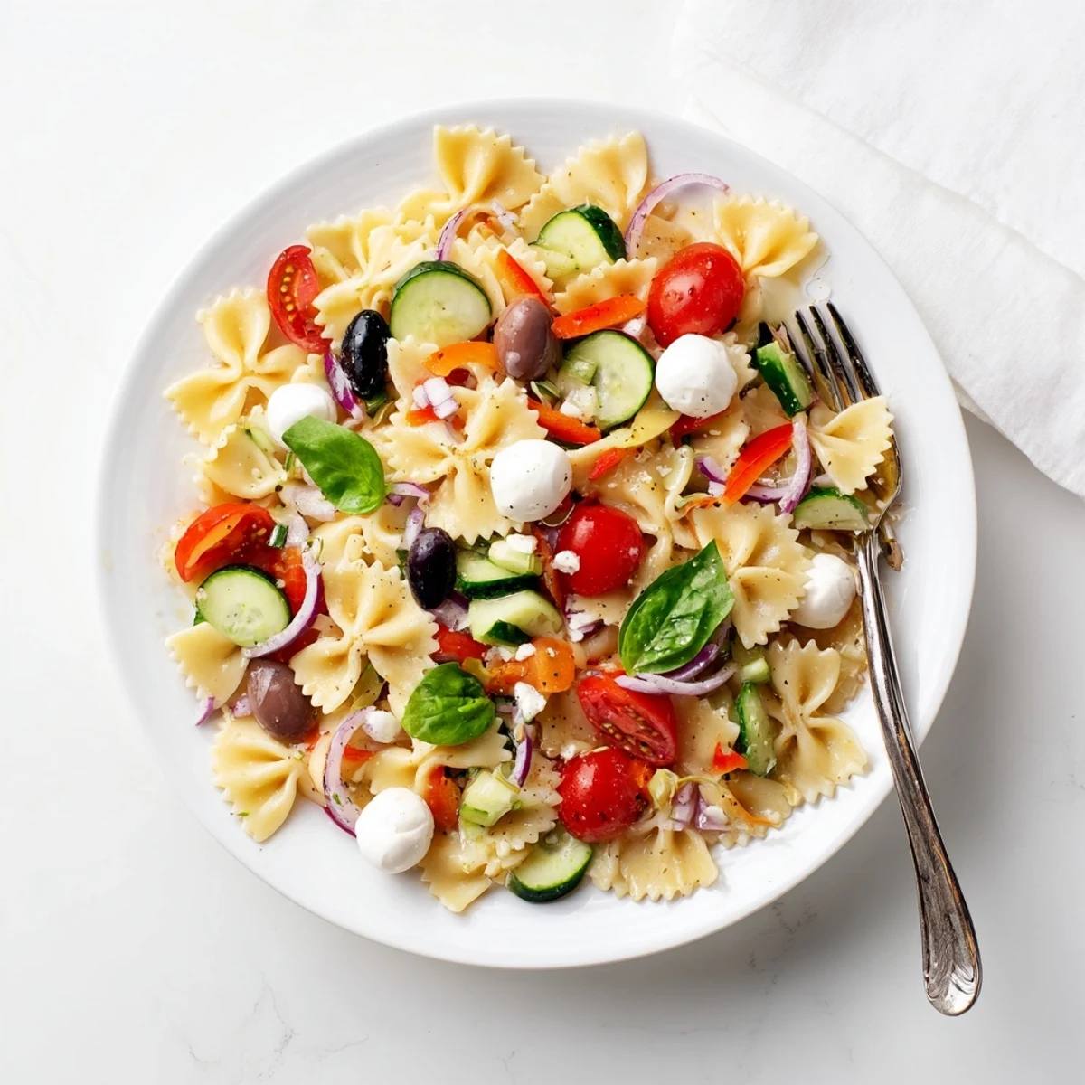 Vibrant farfalle pasta salad tossed with mozzarella pearls and crisp vegetables in herb dressing