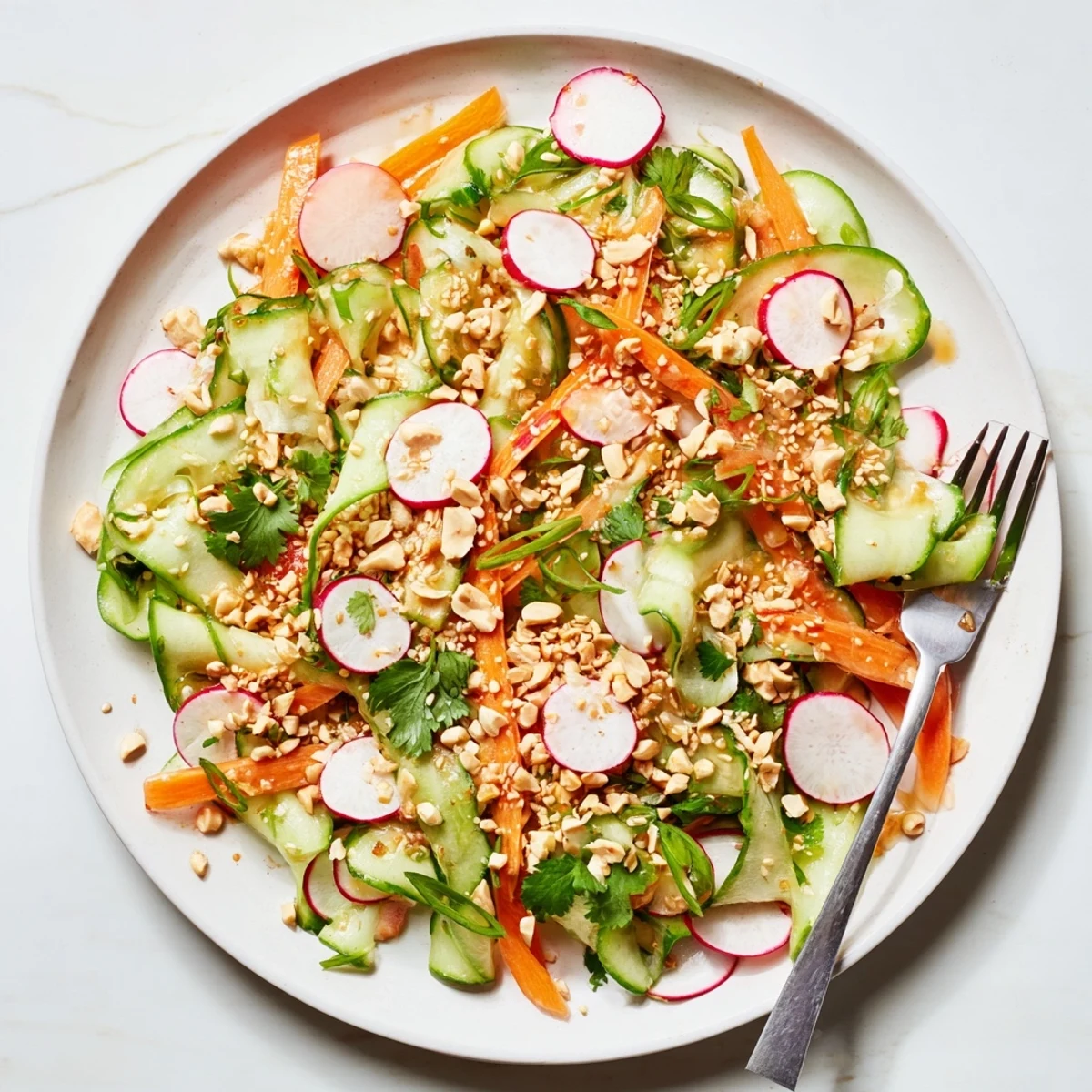 Fresh cucumber carrot salad with big crunch featuring julienned vegetables coated in tangy sesame dressing and garnished with toasted sesame seeds