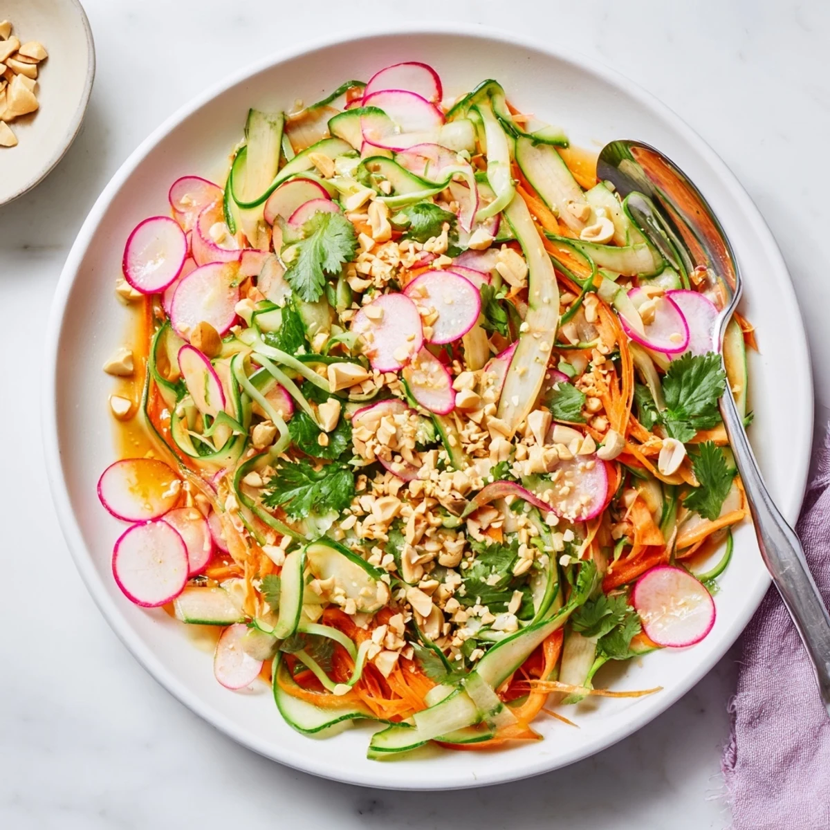 Colorful bowl of crisp cucumber carrot salad with big crunch tossed in savory ginger sesame dressing and topped with crushed peanuts