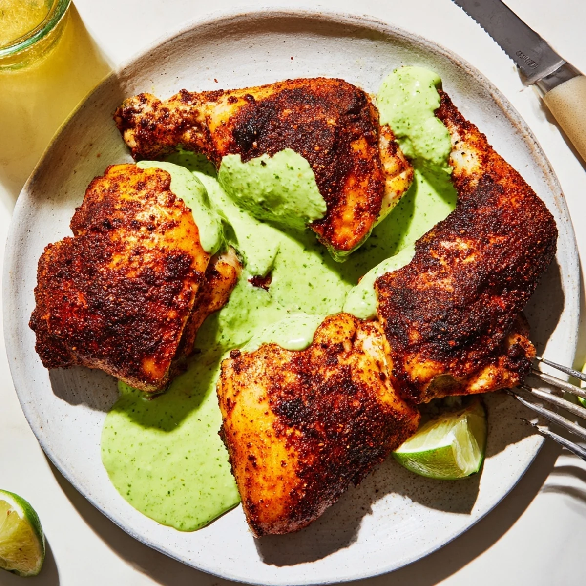 Golden Peruvian roast chicken with crispy skin served alongside vibrant green aji verde sauce