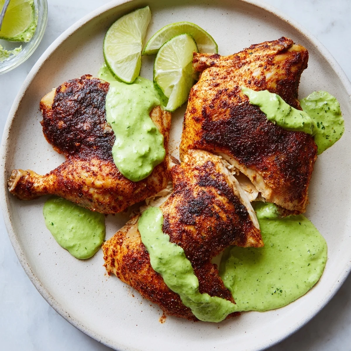 Perfectly roasted Peruvian chicken with golden brown skin topped with tangy herby green dipping sauce
