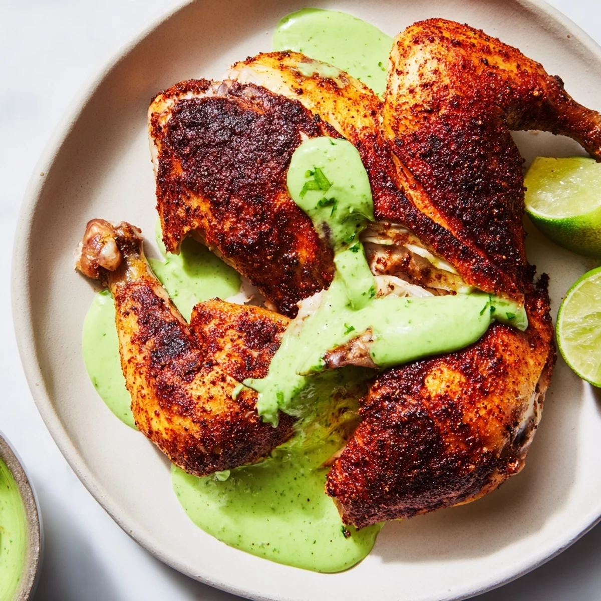 Succulent spice-marinated Peruvian roast chicken drizzled with creamy cilantro lime sauce on a platter