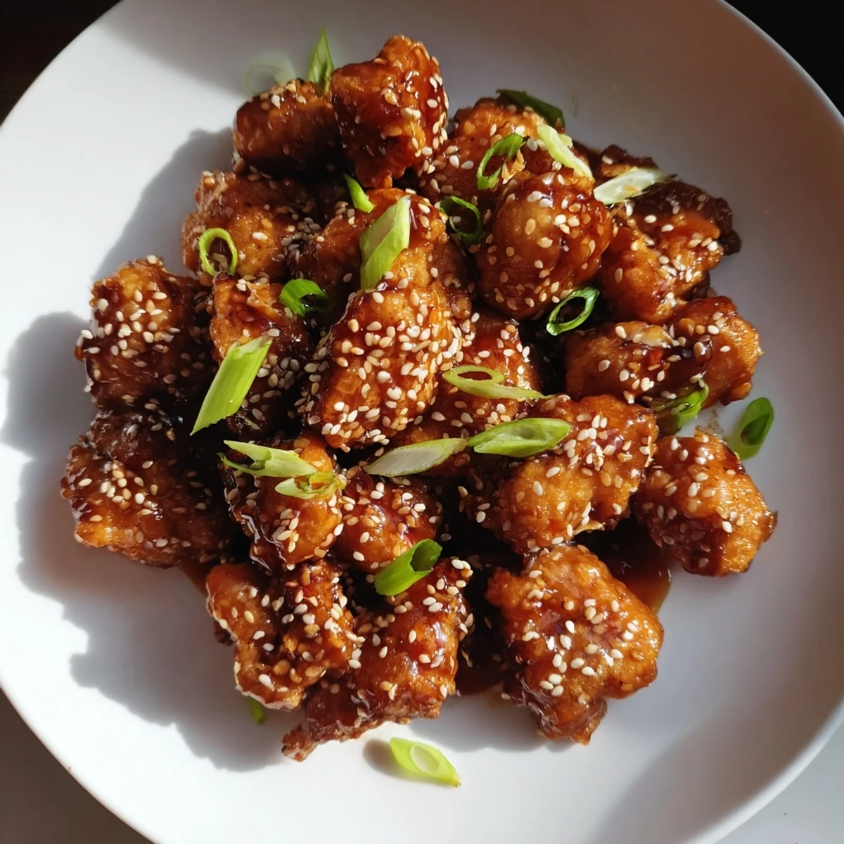 Golden brown chicken pieces glazed in glossy teriyaki sauce over steamed white rice