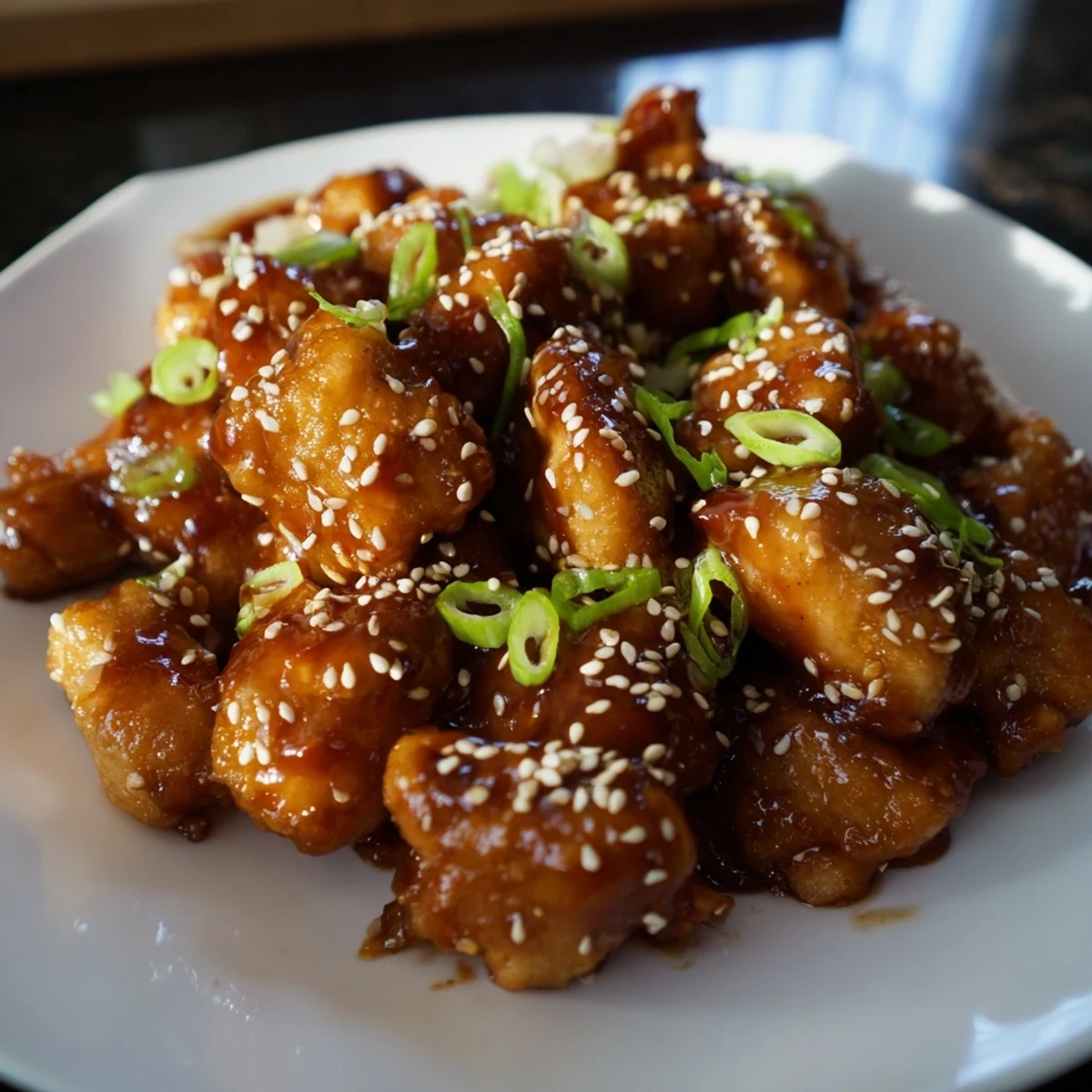 Tender quick chicken teriyaki sprinkled with sesame seeds and fresh sliced green onions