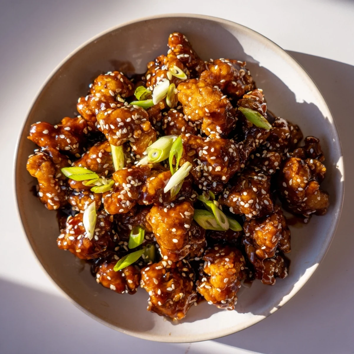 Savory sweet glazed chicken thighs drizzled with thick teriyaki sauce on a white plate