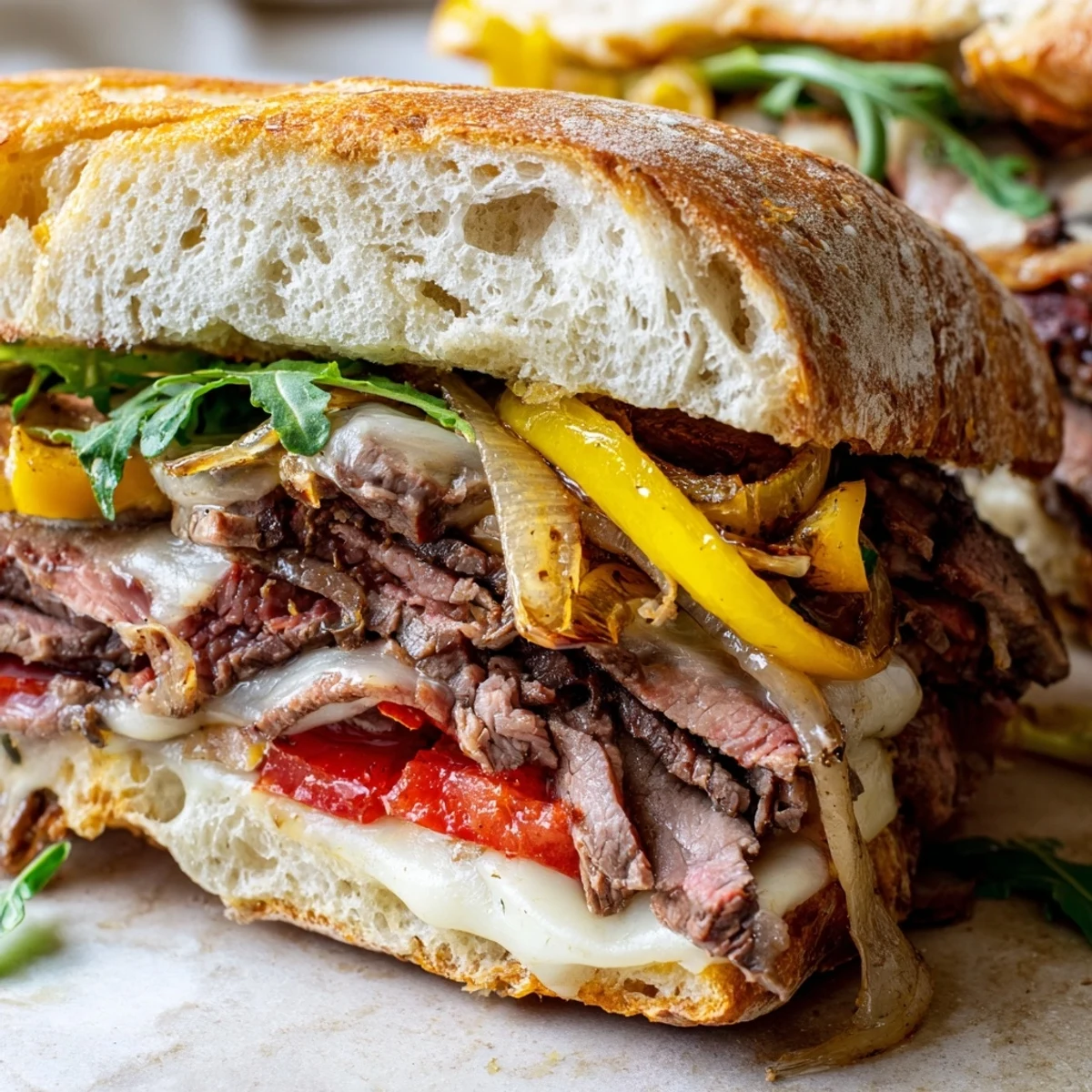 Sliced hearty steak sandwich revealing tender beef, sautéed peppers, and fresh arugula on a toasted artisan roll