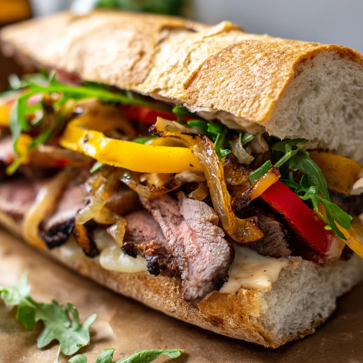 Homemade hearty steak sandwich piled high with seared steak, melted Swiss cheese, and sweet caramelized onions
