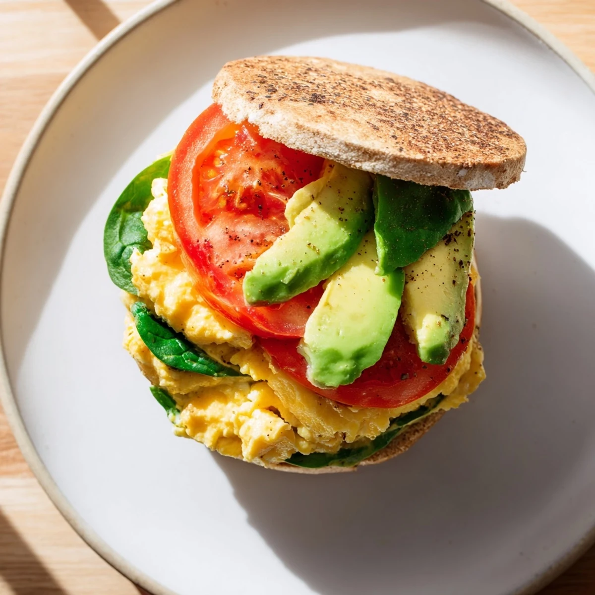 Golden toasted English muffin stacked with fluffy scrambled eggs, melted cheese, and fresh avocado slices in this healthy breakfast sandwich