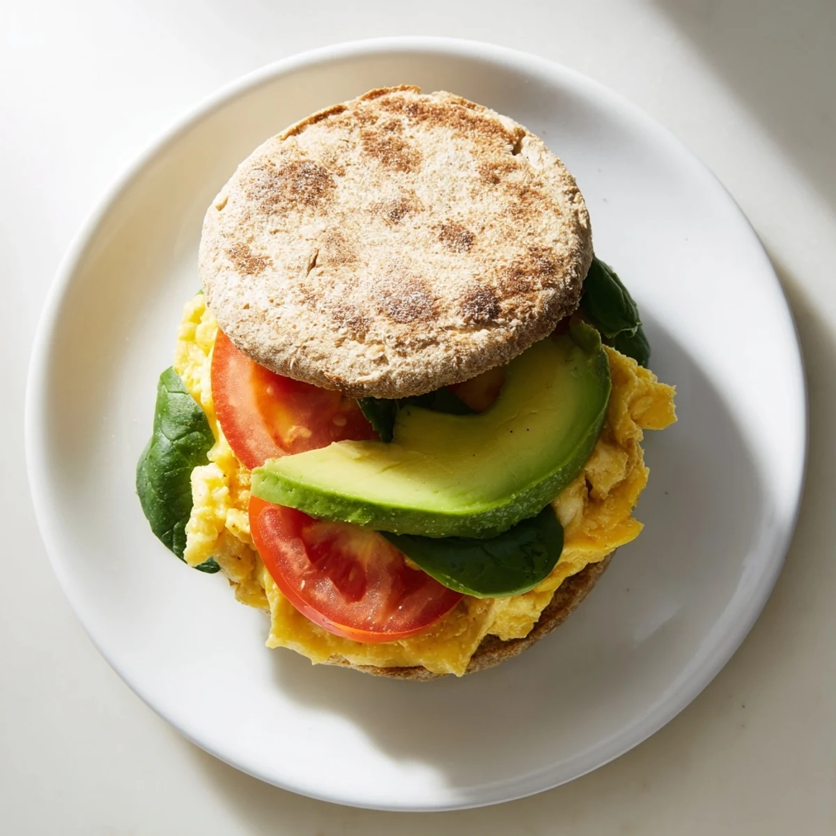 Delicious vegetarian breakfast sandwich with scrambled eggs, cheddar cheese, and vibrant vegetables on a toasted whole grain English muffin