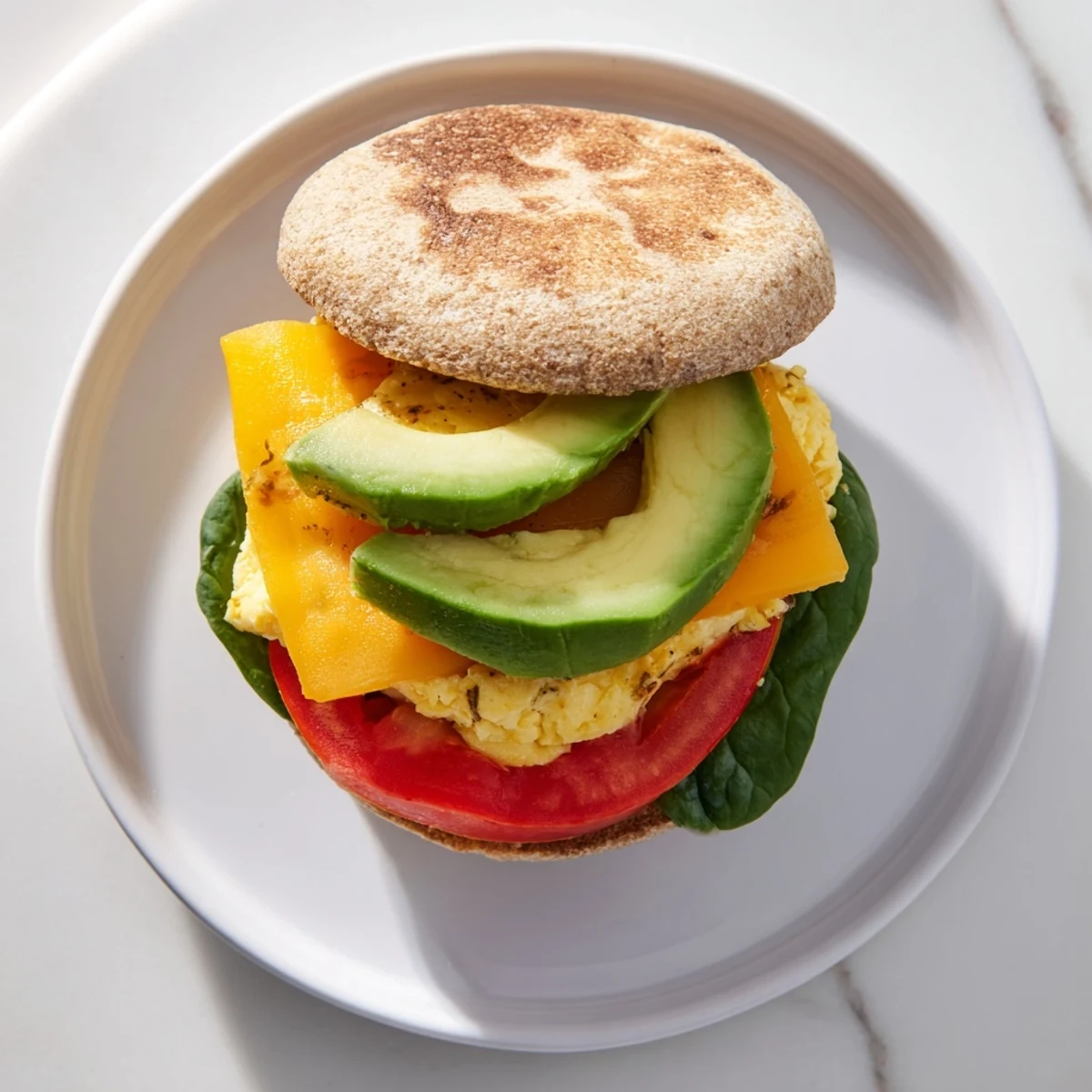 Wholesome morning meal featuring whole grain muffin layered with spinach, ripe tomato, creamy avocado, and protein-packed eggs