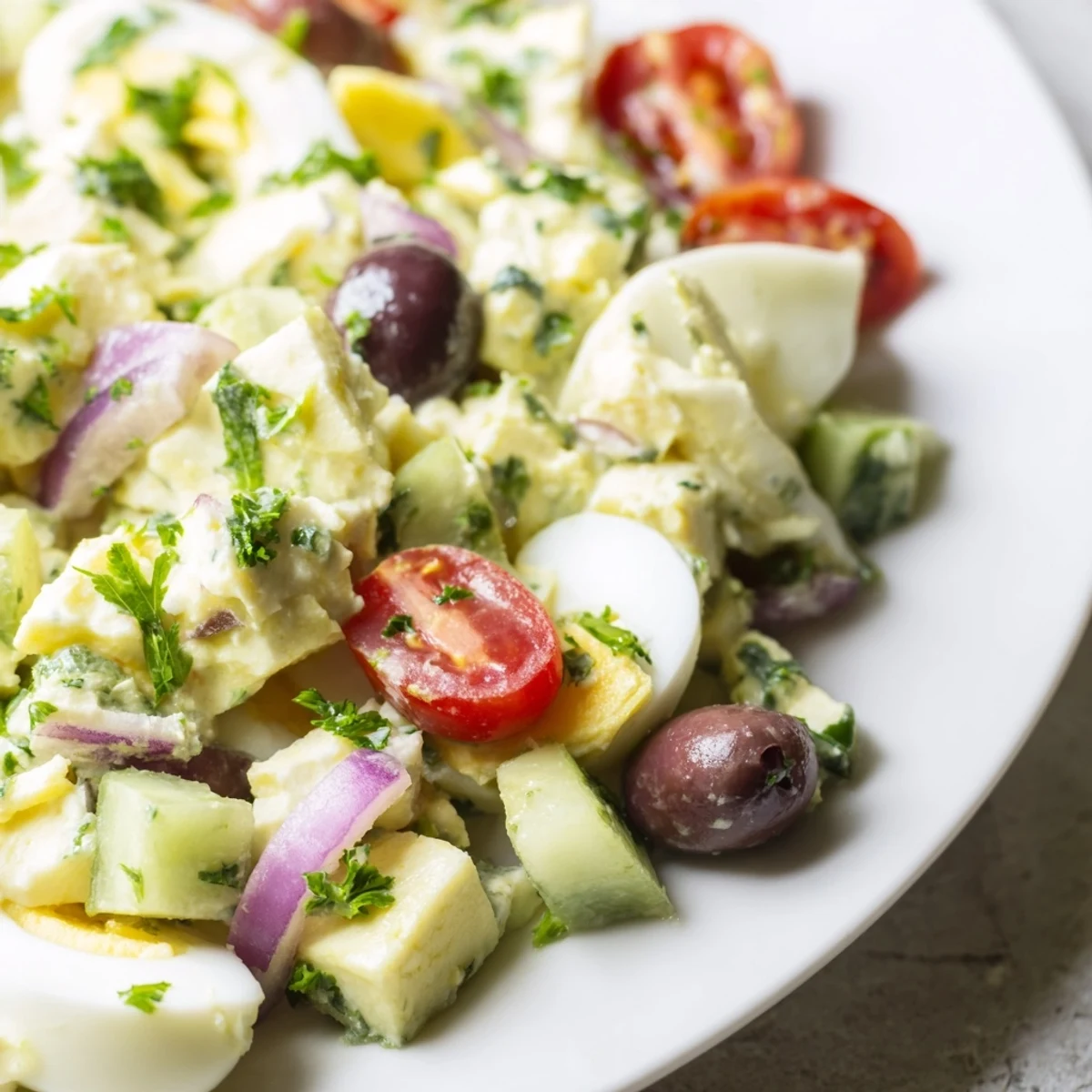 Creamy Mediterranean avocado egg salad topped with fresh herbs and colorful cherry tomatoes in a serving bowl