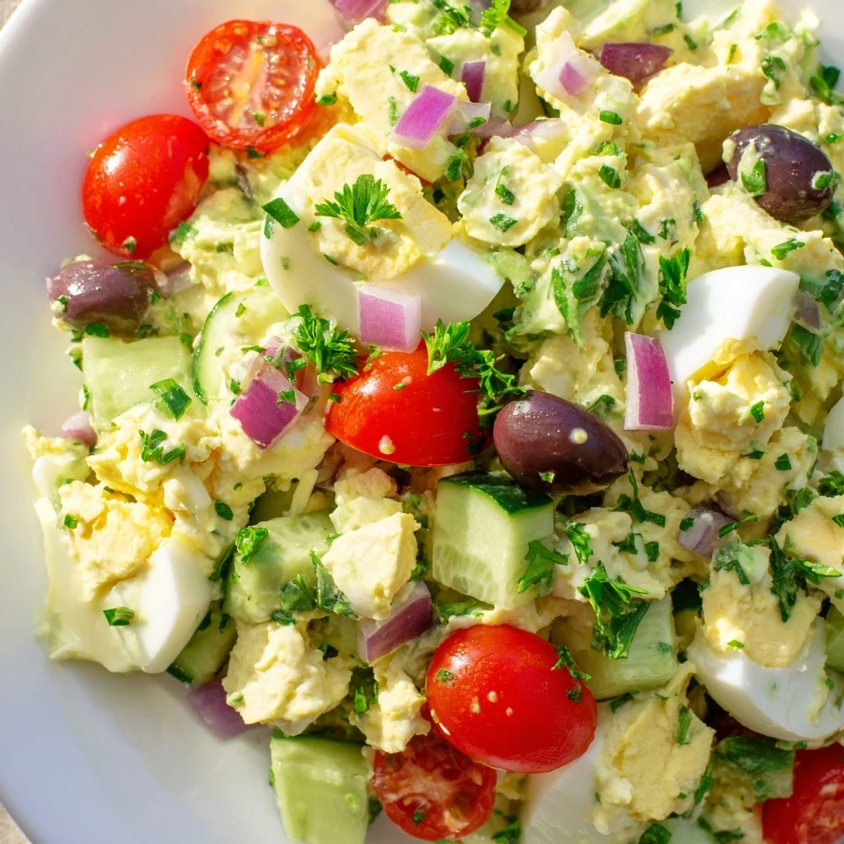 Close-up of zesty avocado egg salad with diced cucumbers, olives, and bright lemon dressing drizzled on top