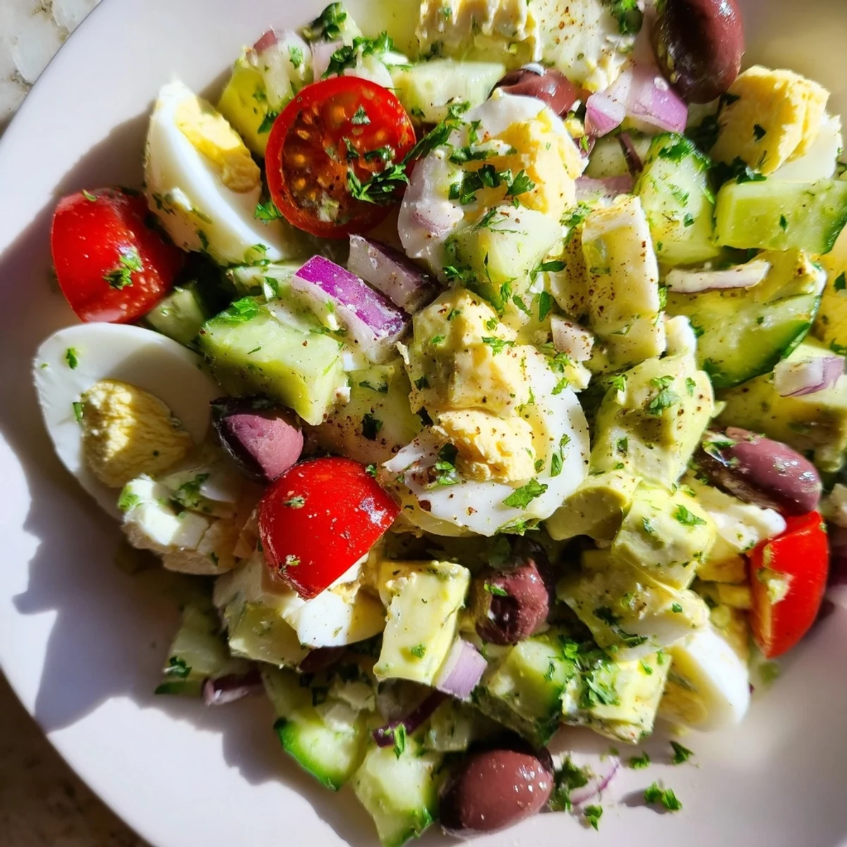 Vibrant bowl of simple Mediterranean avocado egg salad featuring chunky eggs, ripe avocado, and crisp red onion