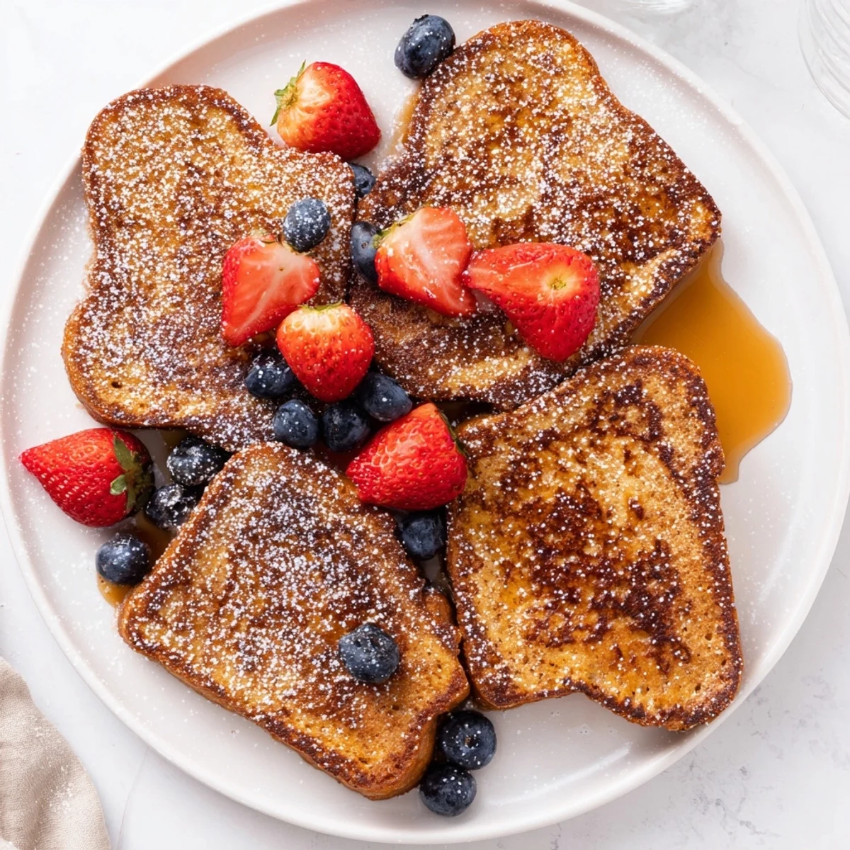Golden vegan French toast slices dusted with powdered sugar and fresh berries