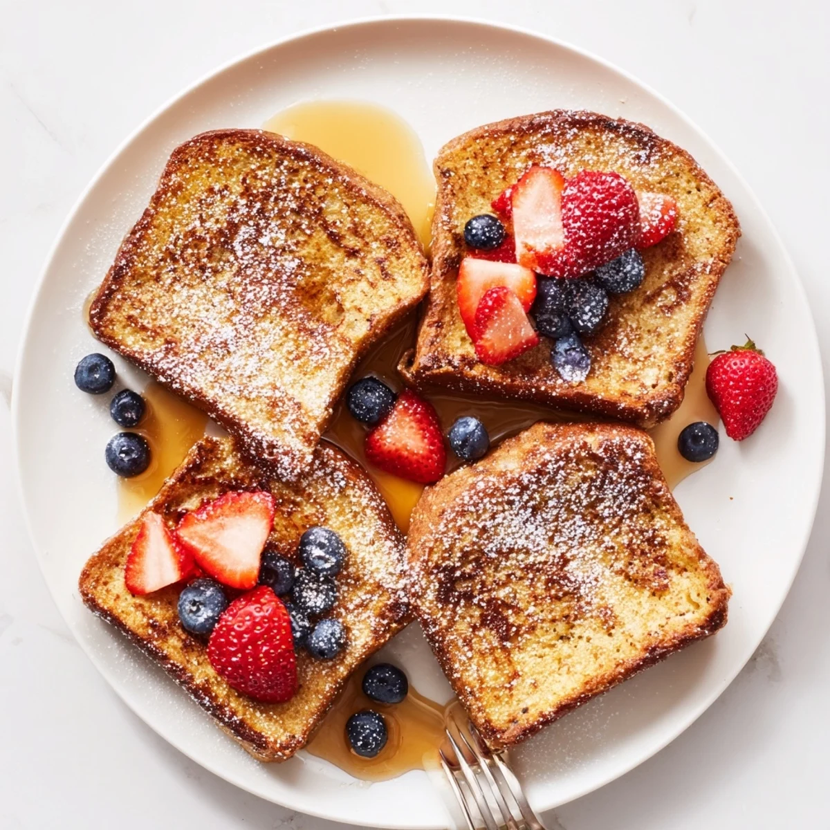 Crispy plant-based French toast stacked high drizzled with warm maple syrup
