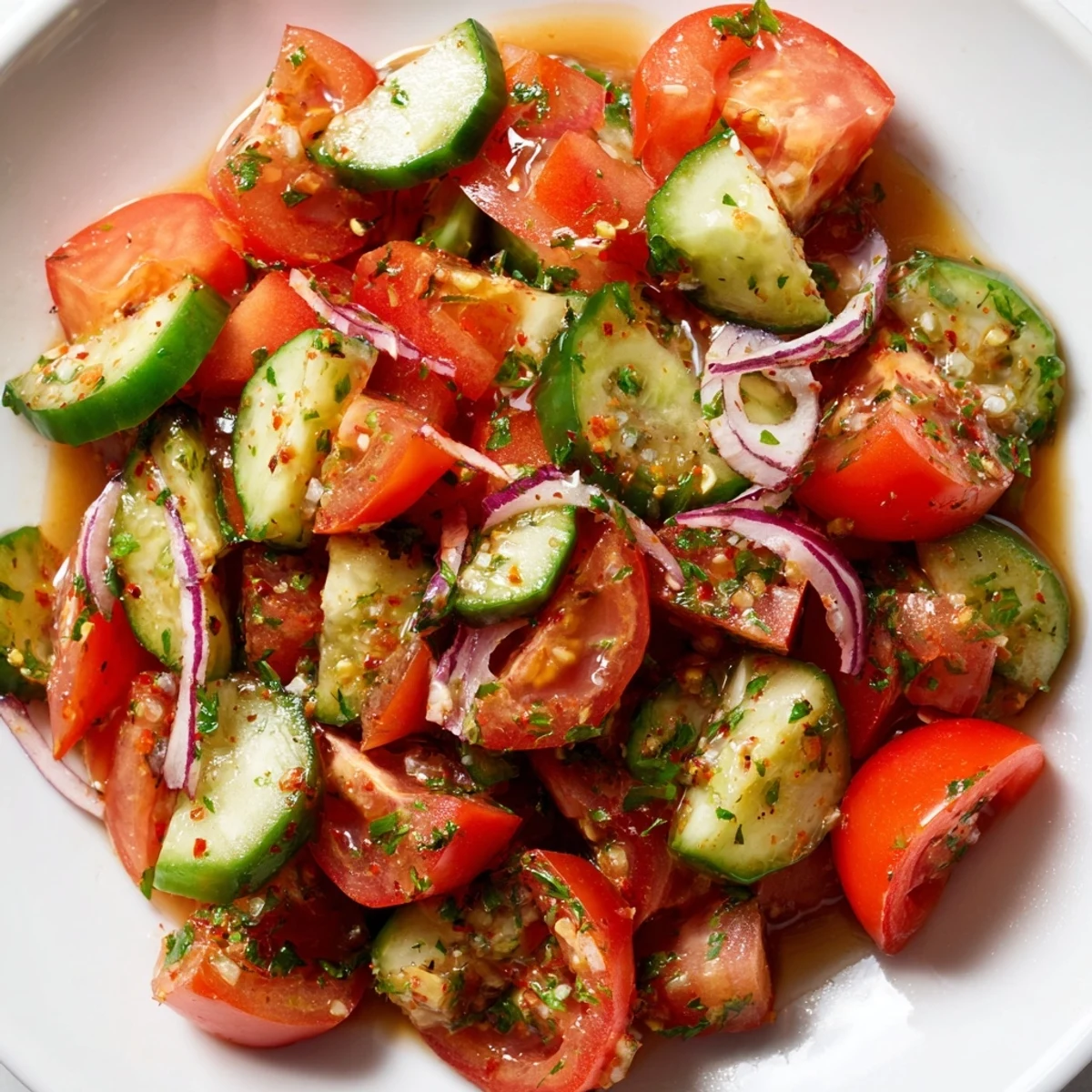 Colorful crisp tomato cucumber and onion salad tossed in light vinaigrette with fresh parsley