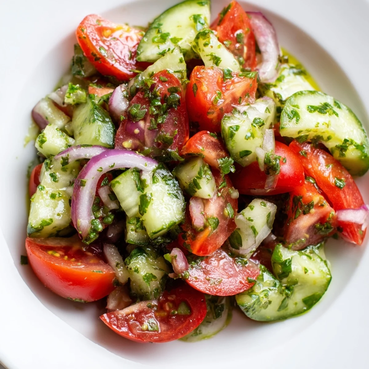 Summer fresh crisp tomato cucumber and onion salad featuring vibrant vegetables in tangy vinaigrette